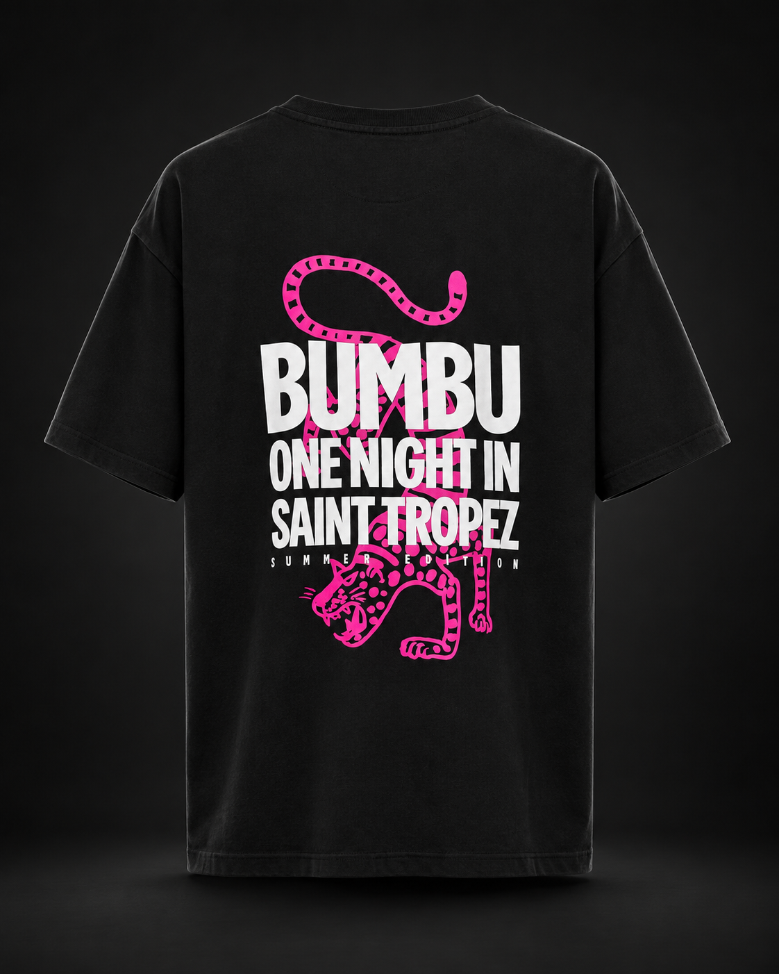 Black and pink BUMBU Tiger T-shirt, back view